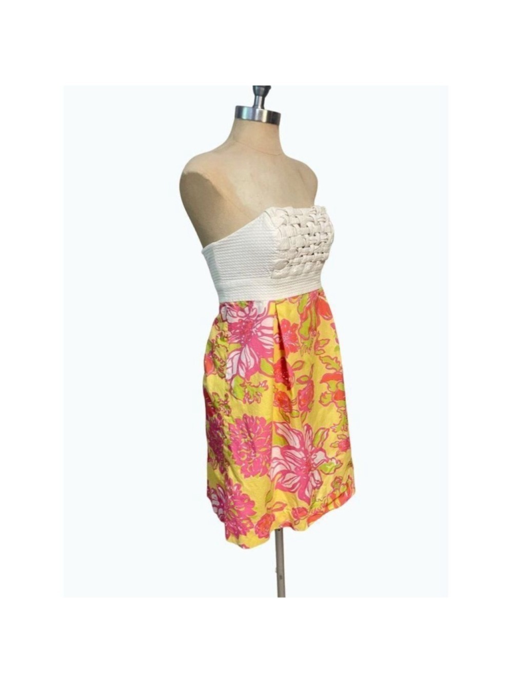 Lilly Pulitzer Starfruit Yellow Pink White Betsey Basketweave Strapless Dress 6 - Picture 3 of 7